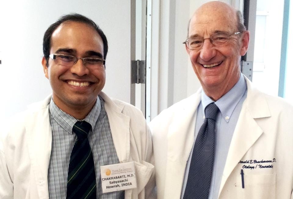 A picture of Dr. Sabyasachi Chakrabarti with the legendary Dr. Brackmann at Los Angeles, USA.